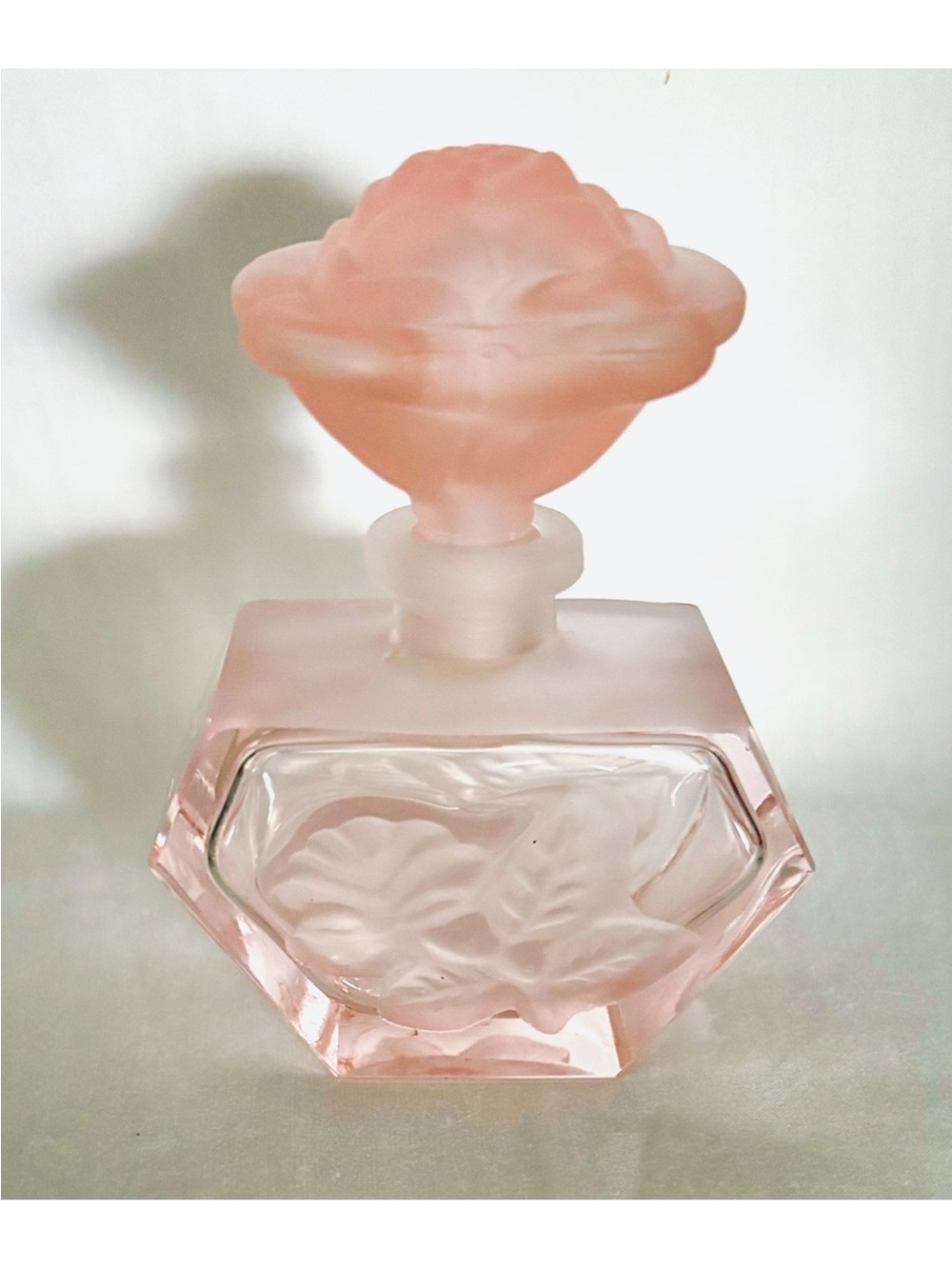 Vintage Schmid Pink Frosted Glass Perfume Scent Bottle Floral Rose Lid Beautiful